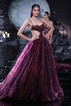 Shop_Dolly J_Maroon Organza Crystals, Embroidery Split V-neck Lone Floral Print Gown _at_Aza_Fashions