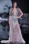 Buy_Dolly J_Grey Tulle Sequins, Beads V-neck Astrea Crystal Embroidered Bodycon Gown _at_Aza_Fashions