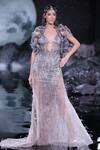 Dolly J_Grey Tulle Sequins, Beads V-neck Astrea Crystal Embroidered Bodycon Gown _at_Aza_Fashions
