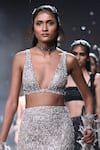 Dolly J_Silver Shimmer Tulle Embroidered Sequin Plunged V Aphrodite Skirt Set With Cape _at_Aza_Fashions