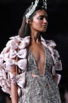 Shop_Dolly J_Pink Tulle Hand Embroidered Sequin Deep V Neck Iren Cut Work Gown _at_Aza_Fashions