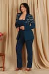 Buy_Majestic By Japnah_Blue Banana Crepe Embellished Stone Jacket Shawl Collar And Pant Set _Online_at_Aza_Fashions