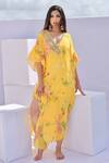 Buy_Foram Patel_Yellow Natural Crepe Print Floral And Paisley V Neck Kaftan With Inner _at_Aza_Fashions