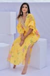 Foram Patel_Yellow Natural Crepe Print Floral And Paisley V Neck Kaftan With Inner _Online_at_Aza_Fashions