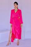 Buy_Foram Patel_Pink Crepe Collared Thigh Slit Wrap Dress_at_Aza_Fashions