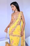 Buy_Foram Patel_Yellow Georgette Printed Paisley V-neck Mermaid Pre-draped Saree With Blouse 