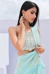 Foram Patel_Blue Georgette Printed Paisley Halter Neck Pre-draped Ruffle Saree With Blouse_Online_at_Aza_Fashions