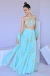 Buy_Foram Patel_Blue Crepe, Georgette Cut Work, Mirrors, Embroidery Paisley Print Sharara Set _at_Aza_Fashions