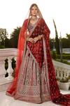 Buy_Basanti - Kapde Aur Koffee_Red Velvet Embroidered Resham V Neck Bridal Lehenga Set _at_Aza_Fashions