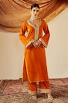 Buy_Roze_Orange Soft Velvet Embellished Lace V Neck Nargis Work Kurta With Flared Pant _at_Aza_Fashions