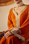 Buy_Roze_Orange Soft Velvet Embellished Lace V Neck Nargis Work Kurta With Flared Pant _Online_at_Aza_Fashions