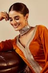 Shop_Roze_Orange Soft Velvet Embellished Lace V Neck Nargis Work Kurta With Flared Pant _Online_at_Aza_Fashions