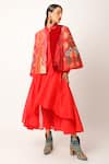 Buy_Jajaabor_Red Chanderi Embroidered And Printed Applique Jacket Band Foliage Anarkali Set _at_Aza_Fashions
