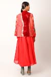 Shop_Jajaabor_Red Chanderi Embroidered And Printed Applique Jacket Band Foliage Anarkali Set _at_Aza_Fashions