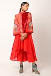 Jajaabor_Red Chanderi Embroidered And Printed Applique Jacket Band Foliage Anarkali Set _Online_at_Aza_Fashions