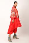Jajaabor_Red Chanderi Embroidered And Printed Applique Jacket Band Foliage Anarkali Set _at_Aza_Fashions