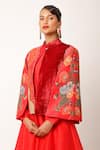 Buy_Jajaabor_Red Chanderi Embroidered And Printed Applique Jacket Band Foliage Anarkali Set 