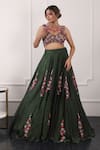 Shop_Kiran Kalsi_Green Net, Satin Embroidery, Sequins Sweetheart Neck 3d Floral Lehenga Set _Online_at_Aza_Fashions
