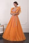 Buy_Kiran Kalsi_Orange Net Embroidery Sweetheart Neck Floral Hand Lehenga Set _Online_at_Aza_Fashions