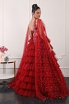KIRAN KALSI_Red Net Hand Embroidery Floral Asymmetric Ruffle Layered Lehenga Blouse Set _Online_at_Aza_Fashions