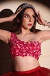 Shop_KIRAN KALSI_Red Net Hand Embroidery Floral Asymmetric Ruffle Layered Lehenga Blouse Set 