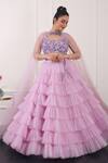 Buy_KIRAN KALSI_Purple Net Hand Embroidery Floral Asymmetric Ruffle Layered Lehenga Blouse Set _at_Aza_Fashions