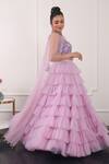 KIRAN KALSI_Purple Net Hand Embroidery Floral Asymmetric Ruffle Layered Lehenga Blouse Set _Online_at_Aza_Fashions