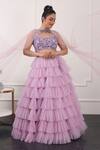 Buy_KIRAN KALSI_Purple Net Hand Embroidery Floral Asymmetric Ruffle Layered Lehenga Blouse Set _Online_at_Aza_Fashions