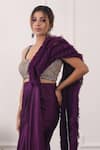 Kiran Kalsi_Purple Satin Beads Scoop Neck Pre-draped Saree With Embroidered Blouse _Online_at_Aza_Fashions
