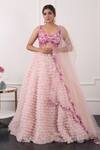 Buy_Kiran Kalsi_Pink Net Embroidery Scoop Neck Ruffle Layered Lehenga Set _at_Aza_Fashions