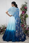 Shop_KIRAN KALSI_Blue Cape And Lehenga Organza Satin Embroidery Floral V Neck Ombre & Set _at_Aza_Fashions