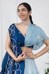 KIRAN KALSI_Blue Cape And Lehenga Organza Satin Embroidery Floral V Neck Ombre & Set _Online_at_Aza_Fashions