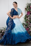 Shop_KIRAN KALSI_Blue Cape And Lehenga Organza Satin Embroidery Floral V Neck Ombre & Set _Online_at_Aza_Fashions