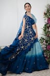 KIRAN KALSI_Blue Cape And Lehenga Organza Satin Embroidery Floral V Neck Ombre & Set _at_Aza_Fashions