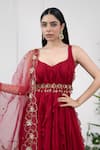 KIRAN KALSI_Red Anarkali Georgette Embroidered Dupatta Floral Tear Drop Neck Ruffled With _Online_at_Aza_Fashions