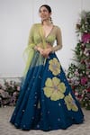 Buy_KIRAN KALSI_Green Blouse And Dupatta Net Applique Floral V Neck Raw Silk Lehenga Set _at_Aza_Fashions