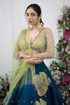 Shop_KIRAN KALSI_Green Blouse And Dupatta Net Applique Floral V Neck Raw Silk Lehenga Set _Online_at_Aza_Fashions