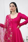 KIRAN KALSI_Pink Anarkali And Sharara Raw Silk Embroidered Dupatta Floral Tear Drop Neck Set _Online_at_Aza_Fashions