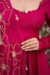 KIRAN KALSI_Pink Anarkali And Sharara Raw Silk Embroidered Dupatta Floral Tear Drop Neck Set _at_Aza_Fashions