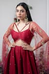 Shop_KIRAN KALSI_Red Chanderi Embroidery Floral Criss Cross Neck Draped Anarkali _Online_at_Aza_Fashions