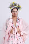 KIRAN KALSI_Pink Raw Silk Embroidery Floral Deep V Neck Hand Lehenga Set_Online_at_Aza_Fashions