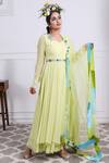 Buy_KIRAN KALSI_Green Tulle Embroidery Floral V Neck Placement Anarkali With Dupatta _at_Aza_Fashions