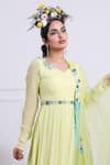 KIRAN KALSI_Green Tulle Embroidery Floral V Neck Placement Anarkali With Dupatta _Online_at_Aza_Fashions