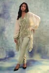 Buy_Sonia Khatri_Green Muslin, Organza Sequins, Embroidery Split V-neck Floral Top And Pant Set _at_Aza_Fashions