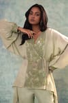 Shop_Sonia Khatri_Green Muslin, Organza Sequins, Embroidery Split V-neck Floral Top And Pant Set _Online_at_Aza_Fashions