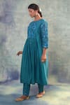 Sonia Khatri_Blue Organza, Silk Embroidery Round Neck Pristine Gathered Kurta And Pant Set _Online_at_Aza_Fashions