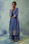 Sonia Khatri_Blue Silk, Organza Sequins, Embroidery V-neck Buttercup Flora Kurta Palazzo Set _Online_at_Aza_Fashions