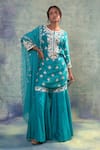 Buy_Sonia Khatri_Blue Organza, Silk Sequins, Embroidery Round Neck Petunia Kurta Palazzo Set _at_Aza_Fashions