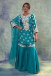 Buy_Sonia Khatri_Blue Organza, Silk Sequins, Embroidery Round Neck Petunia Kurta Palazzo Set _Online_at_Aza_Fashions
