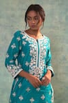 Shop_Sonia Khatri_Blue Organza, Silk Sequins, Embroidery Round Neck Petunia Kurta Palazzo Set _Online_at_Aza_Fashions